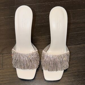 Cult Gaia Cream and Silver Fringe Mules
